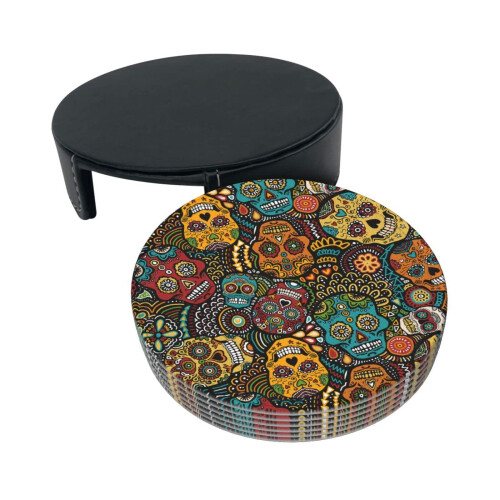 Sugar Skulls Print Coaster,6 Pcs Leather Coasters, for Drinks Absorbent with Storage Box 2