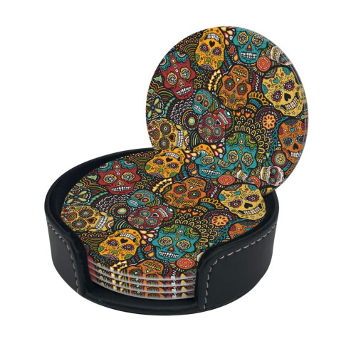 Sugar Skulls Print Coaster,6 Pcs Leather Coasters, for Drinks Absorbent with Storage Box 1