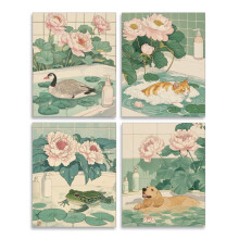 SUPERDANT 4PCS Animal Bathing Wall Art Bathtub Lotus Poster Prints Duck Cat Frog Dog Picutres Cardboard Paper for Bathroom Artwork Aesthetic Decorati