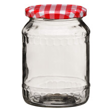 Premier Housewares Clear Glass Jar with Red Gingham Lid - 630ml/ Clear Glass Base and Gingham Lid/Easy to Clean Jars/Organizing Glass Jars/Glass Jars