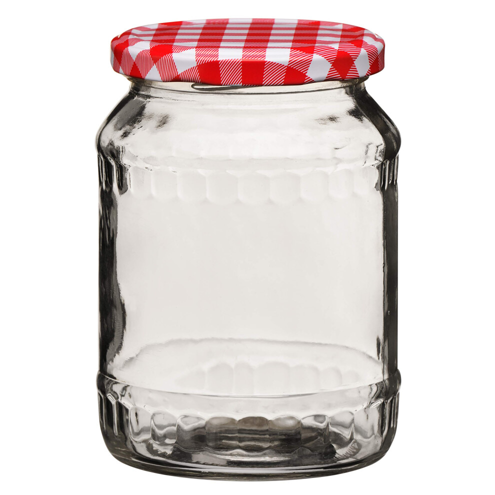 Premier Housewares Clear Glass Jar With Gingham Lid - 630Ml/ Clear Glass Base And Gingham Lid/Easy To Clean Jars/Organizing Glass Jars/Glass Jars Red