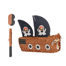Relaxdays Pirate Ship Pinata with Stick and Mask, Children's Party Pinata, Birthday, for Filling, H x W x D: 35 x 44 x 15 cm, Multi-Coloured