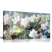 GUGIKA Flower Wall Art for Living Room, White Lotus Canvas Print Paintings for Bedroom, Watercolor Picture Decor, Size 47x23 Inches