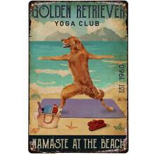STUBDL Beach Yoga Club Golden Retriever Vintage Wall Decor Retro Art Tin Sign Funny Decorations for Home Bar Pub Cafe Farm Room Metal Posters 8x12 In