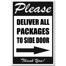 DAOLEG Please Deliver All Packages to Side Door Right Arrow Thank You Signs, 8X 12 Inches Package Delivery Sign Metal Sign