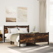 CFODOJ Beds & Accessories,Beds & Bed Frames,Metal Bed Frame with Headboard and Footboard Smoked Oak 140x200 cm