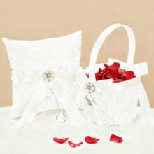 Noamus 2 Pack Flower Girl Basket and Ring Bear Pillow Set, Cute Lace Pearl Flower Baskets with Ring Cushion, Cherish Ivory Rhinestones Satin Wedding