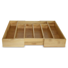 Bamboo Expandable Silverware Drawer Organizer with 5-7 Compartments. Kitchen Cutlery Holder Storage Tray with Dividers for Utensils, Flatware, Office