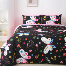 Jameswish Kids Butterfly Comforter Set Full Size for Girls Black 7 Piece Bed in A Bag Colorful Flowers Leaves Bedding Set for Teens Super Soft All Se