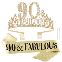 FASOTY 90th Birthday Decorations for Women,90th Birthday Sash,90th Birthday Crowns for Women 90 and Fabulous,90th Birthday Tiara,90th Birthday Gifts