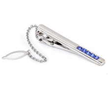 Fancy Silver Tone Straight Necktie Clip Tie with Blue Crystal Fashion