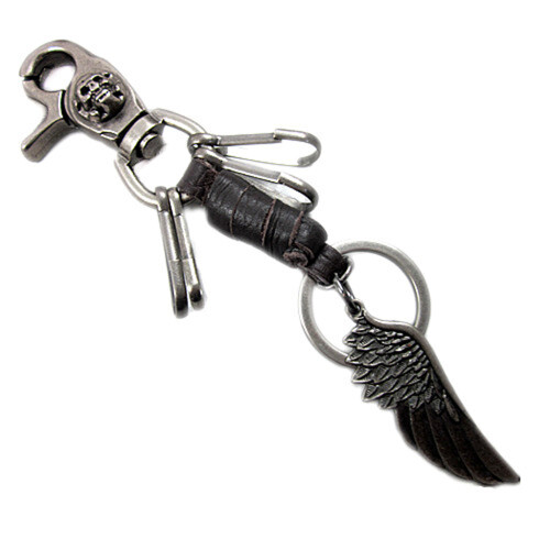 Vintage Angel Wing Skull Leather Keychain Key Ring Keyfob Holder Black