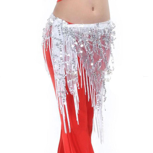 Lady's Belly Dance Sequins Triangle Hip Scarf With Tassel White