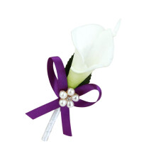 Wedding Bridal Groom Calla Lily Flower Boutonniere Corsage Purple Ribb