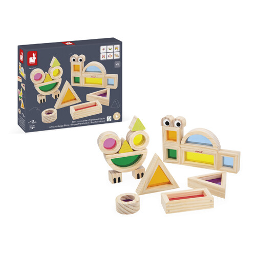 Gioco sensoriale - Janod - Blocchi sensoriali traslucidi - 18 pezzi - 12 forme geometriche - 6 blocchi stampati