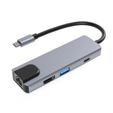 6in1 TypeC Hub Aluminum Alloy Shell, 100M RJ45 Ethernet, USB 3.0 PD Ports, SD TF Card Slots