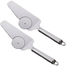 Zwei Sätze 2-in-1-Edelstahlwerkzeuge zum Schneiden von Pizza/Kuchen/Kuchen mit gezackter Klinge und ergonomischer Klinge