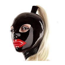Handmade Black Latex Hood Mask with Ponytail Wig, Full Head Design, Breathing Holes, XL 64cm Gold