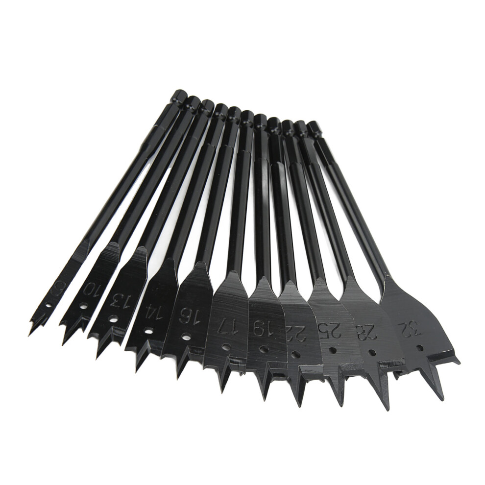 11Pcs Hex Shank Flat Drill Bits, Carbon Steel, Black For Woodworking 7901375050283