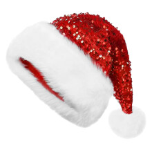 5Pcs Red Velvet Sequin Santa Hats Plush Trim Xmas Party Festive Hats