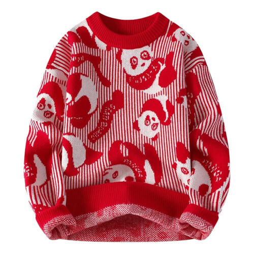 Men's Winter Jumper Long Knitted Crew Neck Pullover Red Size L Warm Student