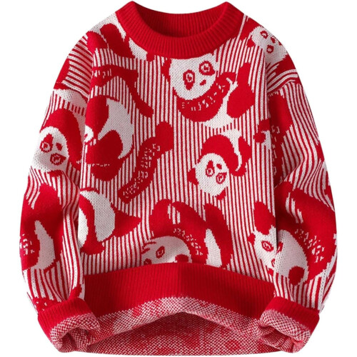 Men's Winter Jumper Long Knitted Crew Neck Pullover Red Size L Warm Student 1