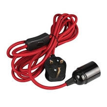 Pendant Light E27 Lamp Holder Kit, Suspended Pendant Light Fitting, 2Core Gold Fabric Cable, On/Off UK Plug Red 4m