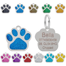 Dog Cat Pet Tag ID Collar Tags Personalised Engraved 27mm Glitter Paw