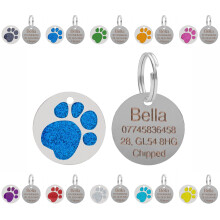 LARRYROO Personalised Engraved Pet ID Tags - Round Glitter Paw Print S