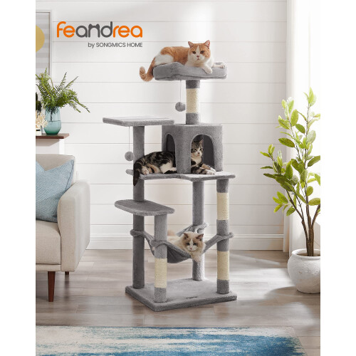 FEANDREA Feandrea Cat Tree Tower, 143 cm Multi-Level Plush Cat Condo with 4 Scr 1