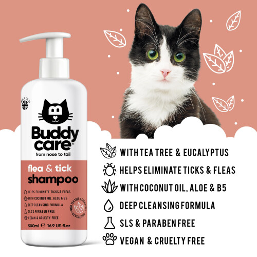 Buddycare Flea & Tick Cat Shampoo - 500ml x3 - Eliminates Fleas, Ticks 1