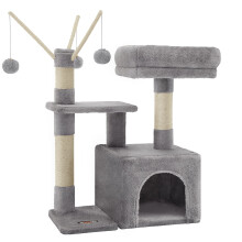 FEANDREA Cat Tree, Small Cat Condo, 72 cm, 3 Pompoms, Light Grey PCT12