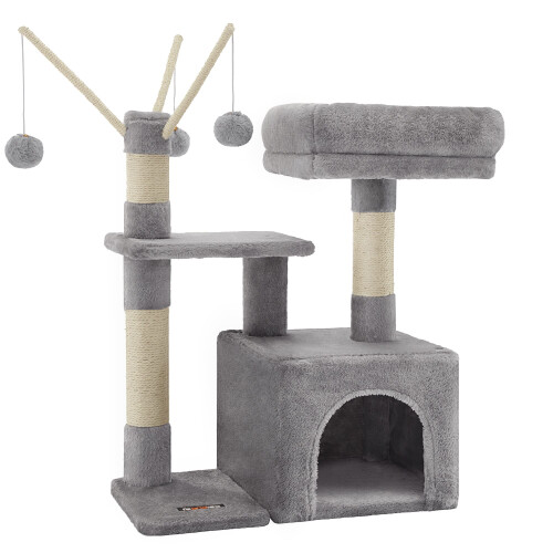 FEANDREA FEANDREA Cat Tree, Small Cat Condo, 72 cm, 3 Pompoms, Light Grey PCT12