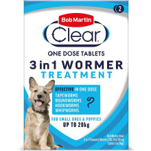 Bob Martin Clear 3-in-1 Wormer Tablets for Dogs Up To 20kg - 2 Tablets
