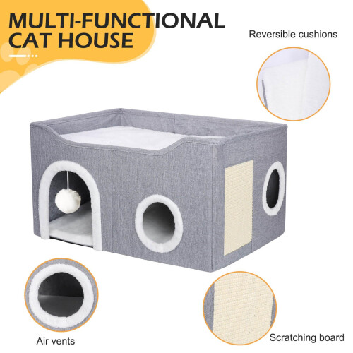 Foldable Cat House, 2-Layer Large Soft Cat Bed Cave Cube with Scratchi 2