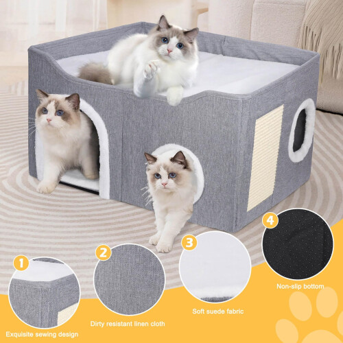 Foldable Cat House, 2-Layer Large Soft Cat Bed Cave Cube with Scratchi 1
