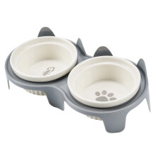 Ceramic cat bowls set with stand, 2-piece set, cat shaped pet food con