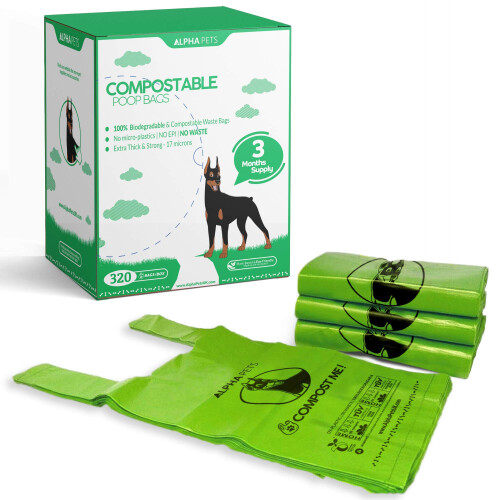 Alpha Pets Compostable Dog Poo Bags With Easy-Tie Handles - 320 Medium