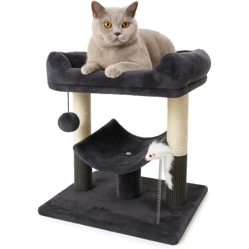 Grey Cat Tree Tower with Sisal Scratching Posts, Condo, Bed, Dangling 1