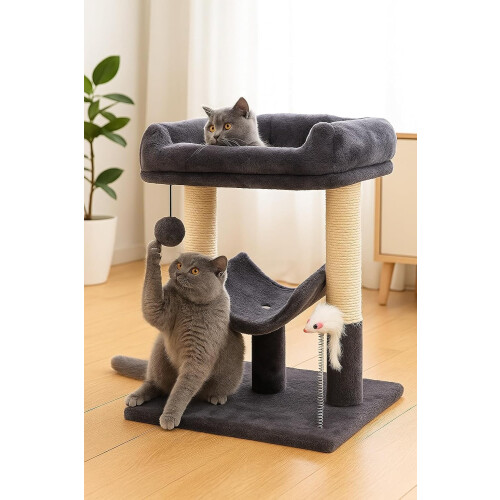 Grey Cat Tree Tower with Sisal Scratching Posts, Condo, Bed, Dangling 2