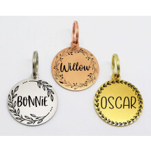 SUCRE Laser Engraved Round Disc Floral Wreath Pet Dog Tags- Custom Dog