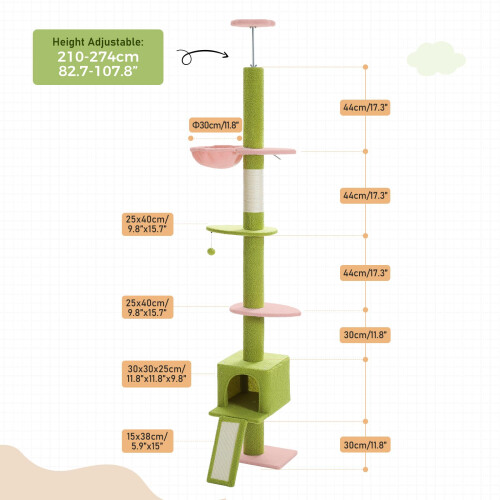 PAWZ Road Cat Tree Floor to Ceiling with Height Adjustable 216cm to 27 2