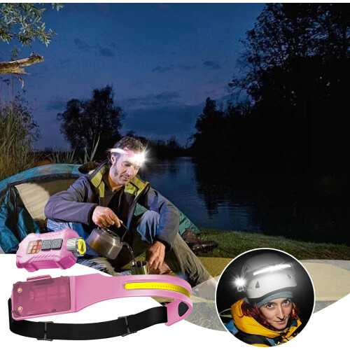 Head Flashlight Waterproof Rechargeable Sensor Lamp, Head Strap, Motion Activated, Long Runtime, Elastic COB LED, Pink 1