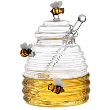 Honey Jar Beehive Shape Glass Honey Pot with Dipper and Freshness Lid for Kitchen Use