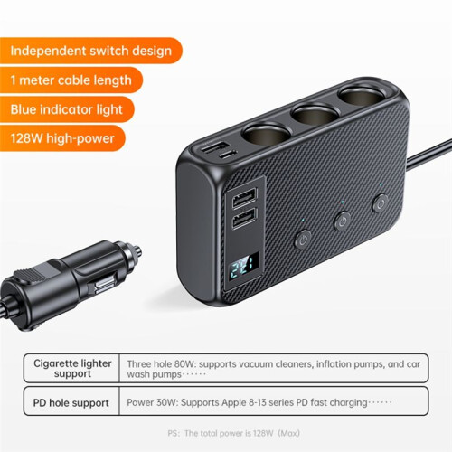 128W Car Charger Splitter Multi  PD30W Cigarette Lighter Adapter Car Cigarette Lighter Socket Splitter with 1