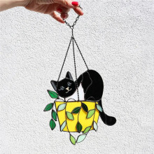 Sonnenfänger "Katze im Blumentopf" zum Aufhängen im Buntglasfenster, Kristall-Sonnenfänger, Acryl-Sonnenfänger-Set, Wandkunst A