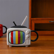Kaffeetassen-Set Aus Keramik, Quadratisch, mit Strohhalm und Deckel, Teetasse Fürs Büro, Retro-TV - Schokolade