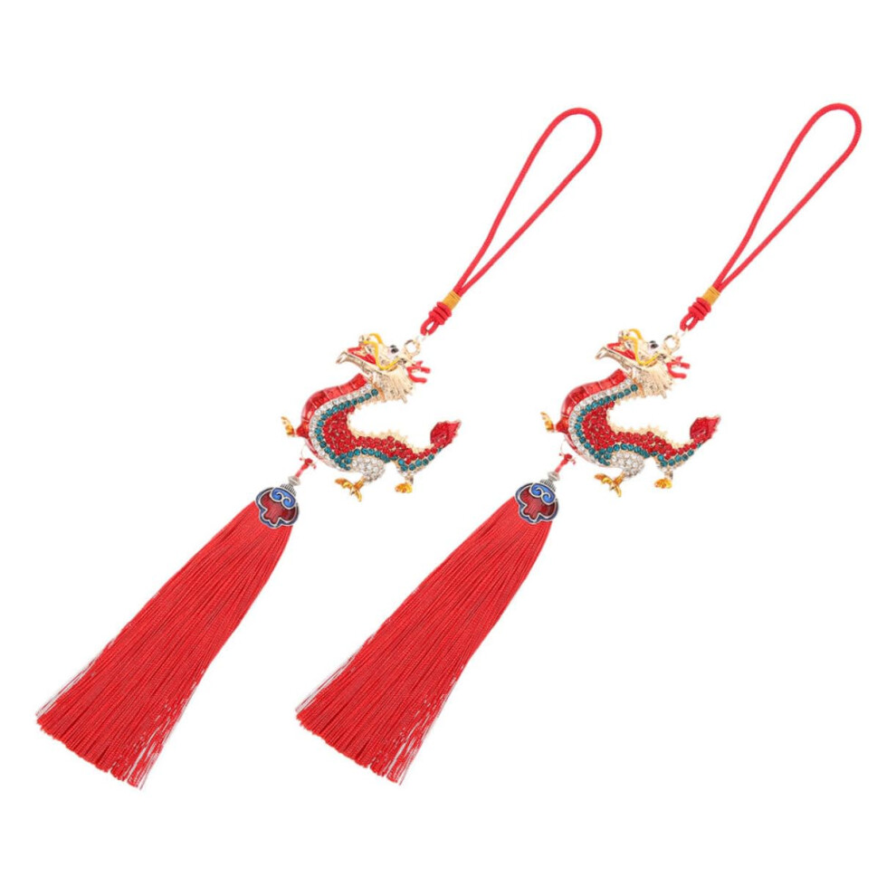2Pcs Chinese Style Dragon Car Mirror Ornament Rhinestone Inlay Rear View Mirror Pendant Tassel Decor For Car Interior 9382693122056
