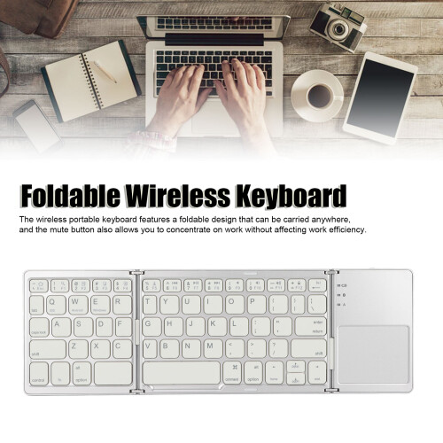 3 Folding Bluetooth Keyboard with Touchpad, 63 Keys, 10m Range, Silver White 2