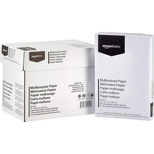 Amazon Basics Multi-Purpose Copy Printer Paper, A4 80 GSM, 2500 Count (Pack of 5), Wh